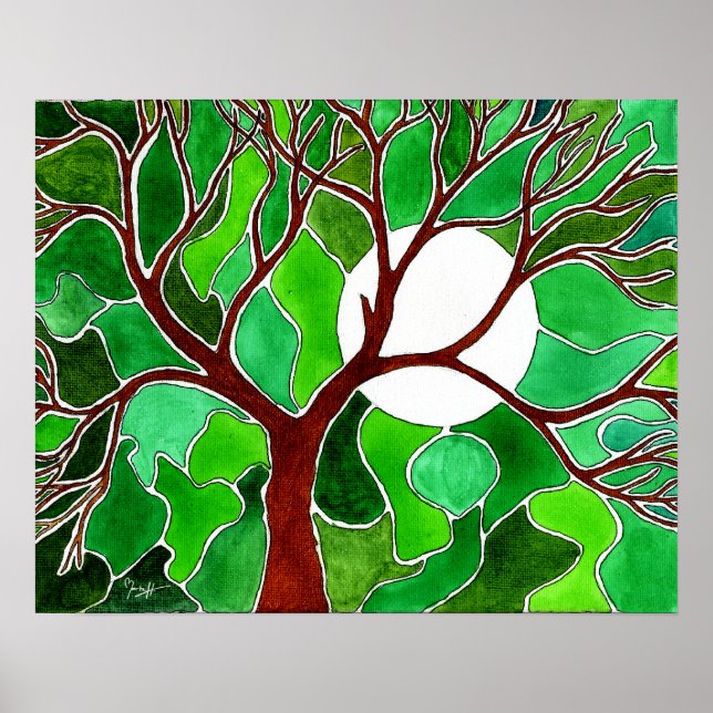 Affiche Arbre et Lune sur toile - Vert (Devant)