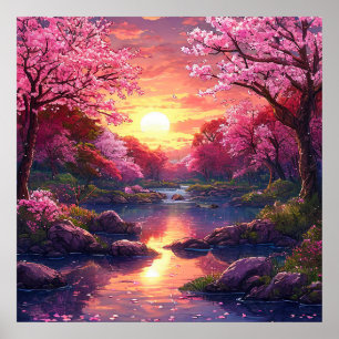 Affiche 🌸 Arbre fleuri rose rêveur Coucher de soleil Lac