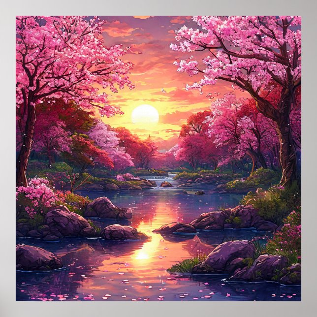 Affiche 🌸 Arbre fleuri rose rêveur Coucher de soleil Lac  (Devant)