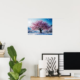 Affiche Arbre fleuri surréaliste dans un paysage enneigé