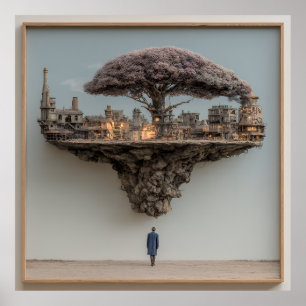 Affiche Arbre Fleurissant de Ville en Ruines Flottante Sur
