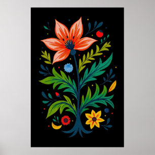 Affiche Arbre Floral Bohème Noir Lunatique Art Populaire