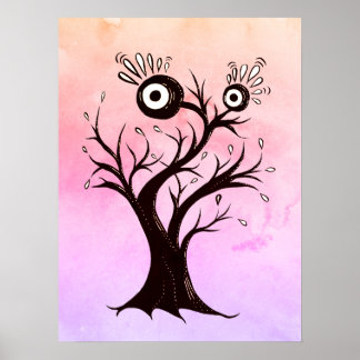 Affiche Arbre fou Créature Encre Art Imaginaire rose