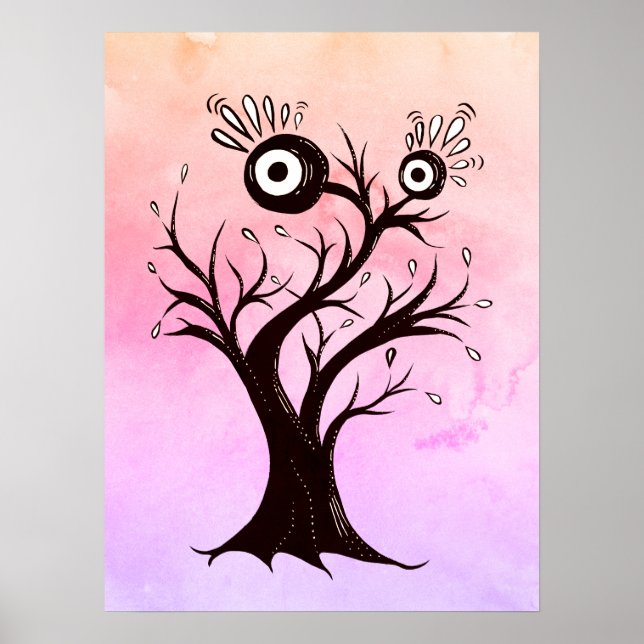Affiche Arbre fou Créature Encre Art Imaginaire rose (Devant)