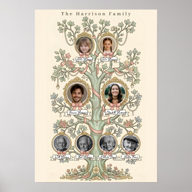 Affiche Arbre Généalogique 3 Générations Élégant Vintage (Devant)