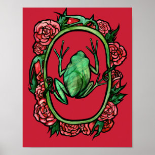 Affiche Arbre grenouille Rose jolie rose rouge grenouille