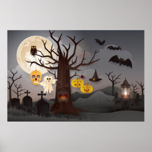 Affiche Arbre Halloween Papercut, Fantômes, chauves-souris