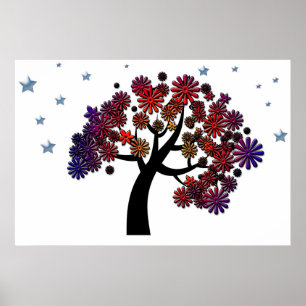 Affiche Arbre Imaginaire avec fleurs et étoiles violettes 