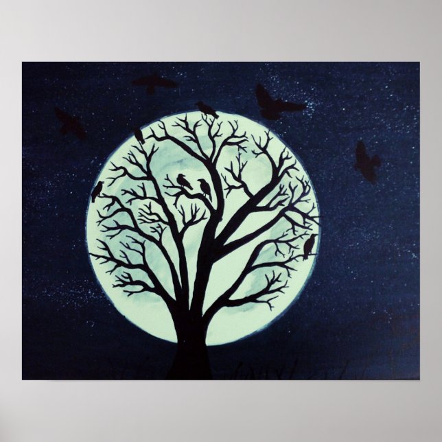 Affiche Arbre Lune brillant avec des corbeaux (Devant)