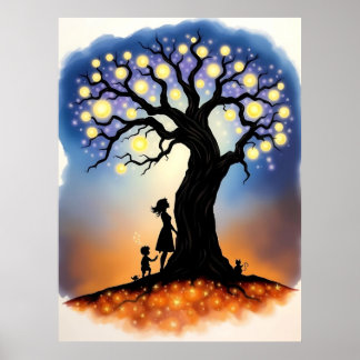 Affiche Arbre magique des lumières avec silhouettes