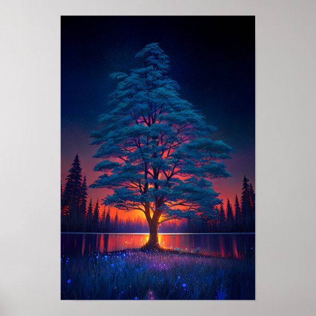 Affiche Arbre Majestueux, Coucher de soleil rouge (Devant)