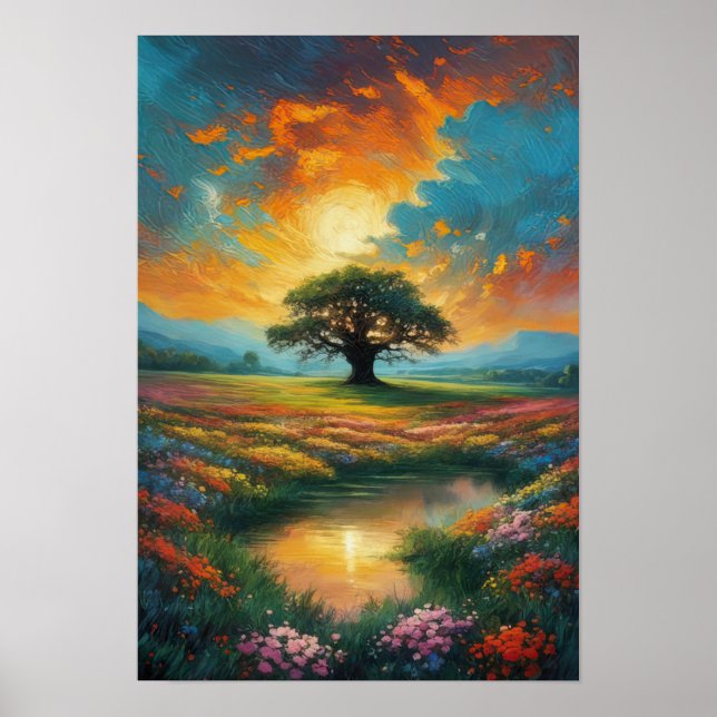 Affiche Arbre Majestueux dans le champ des fleurs (Devant)