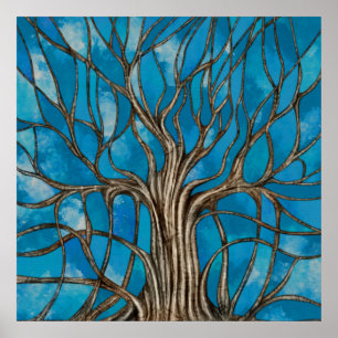 Affiche Arbre mystique de la vie Mosaic Bleu Aquarelle