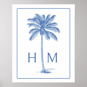 Affiche Arbre Palmier Palmetto Bleu et Blanc Monogramme