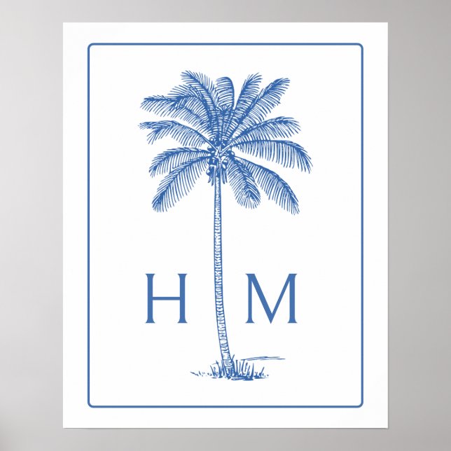 Affiche Arbre Palmier Palmetto Bleu et Blanc Monogramme (Devant)