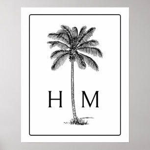 Affiche Arbre Palmier Palmetto Noir et Blanc Monogramme