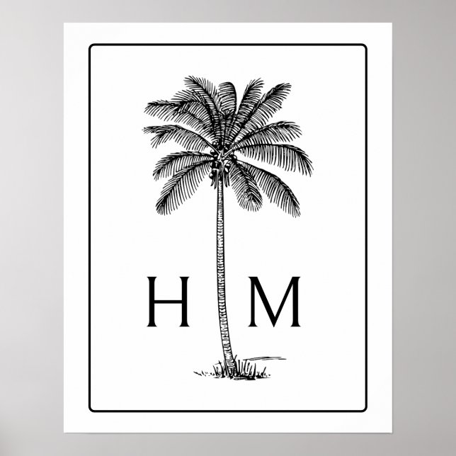 Affiche Arbre Palmier Palmetto Noir et Blanc Monogramme (Devant)