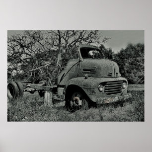 Affiche arbre poussant dans un vieux camion en noir et bla
