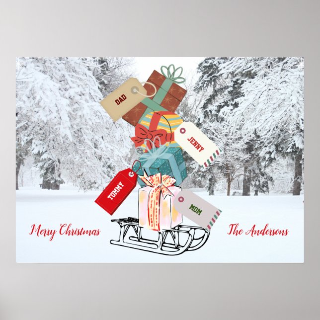 Affiche arbre rétro hiver vintage Famille Joyeux Noël (Devant)