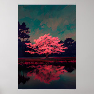Affiche Arbre rose de charme au bord du lac réfléchi