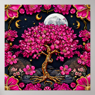 Affiche Arbre rose rêveur et lune, art de fantaisie fantai