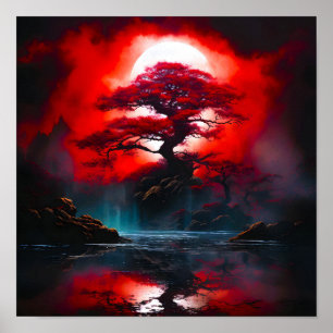 Affiche Arbre rouge mystique sous la pleine lune