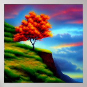 Affiche Arbre rouge sur une falaise à l'affiche du coucher