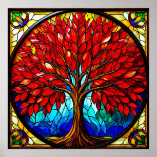 Affiche Arbre Rouge Vibrant en Verre Artisanal