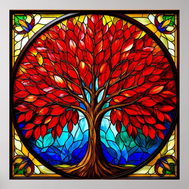Affiche Arbre Rouge Vibrant en Verre Artisanal (Devant)