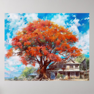 Affiche Arbre rustique Royal Poinciana dans l'aquarelle de
