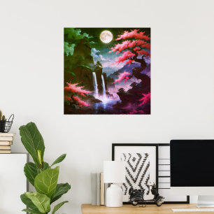 Affiche Arbre Sakora-Cascade au Clair de Lune avec Cerisie
