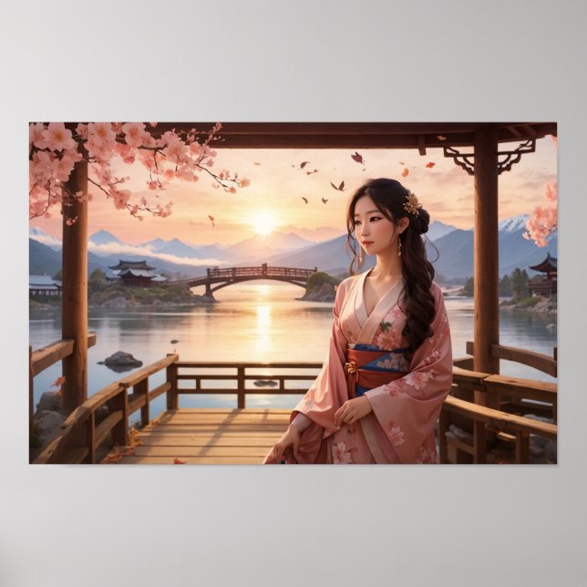 Affiche Arbre Sakura coucher de soleil avec belle femme as (Devant)