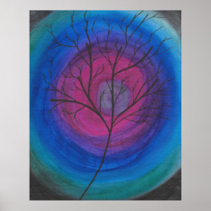 Affiche Arbre Silhouette Surréaliste avec Tourbillons Cosm