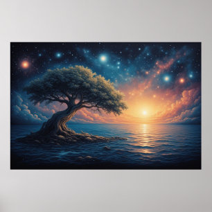 Affiche Arbre Solitaire sur l'Océan au Coucher du Soleil �