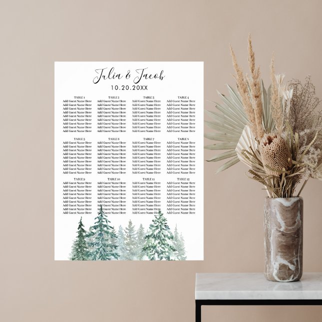 Affiche Arbres à pin Lanterne Plan de sièges botaniques (Winter Rustic Pine Trees Lantern Botanical Wedding Party Supplies)