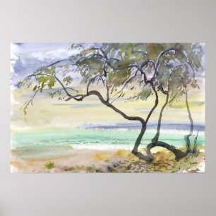 Affiche Arbres côtiers et mer turquoise aquarelle
