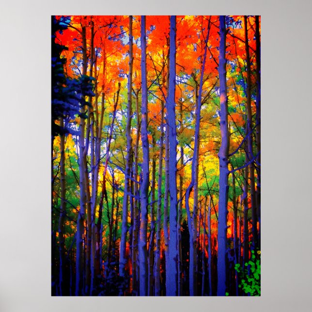 Affiche Arbres d'automne aux troncs bleus et aux feuilles  (Devant)