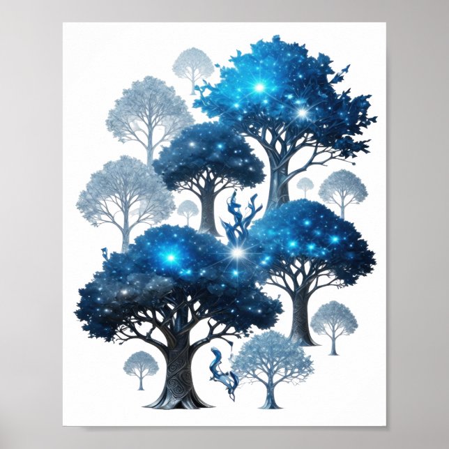 Affiche Arbres de glace bleus argentés modernes (Devant)