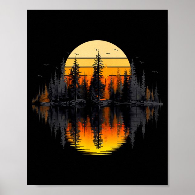 Affiche Arbres de nature rétro reflet forêt coucher de sol (Devant)