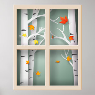 Affiche Arbres en peuplier dans la fenêtre d'automne