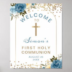 Affiche Arc Bleu Or Floral Première Communion Sainte Bienv