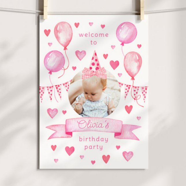 Affiche Arc Chapeau Rose Photo Coquette Bienvenue Fête d'a (pink coquette birthday party welcome poster with custom photo and movable bow hat)