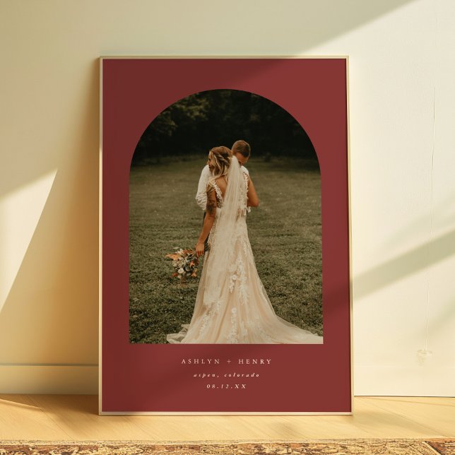Affiche Arc de Photo de Mariage Élégant Rouge Foncé pour C (Créateur téléchargé)