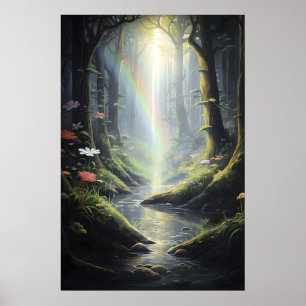 Affiche Arc-en-ciel dans une forêt magique, forêt vert fon