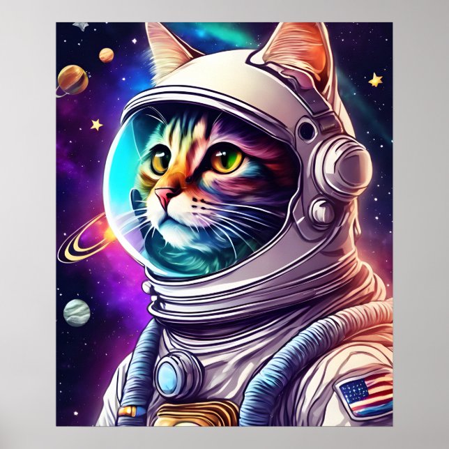 Affiche Arc-en-ciel en chat spatial, astronaute Art numéri (Devant)