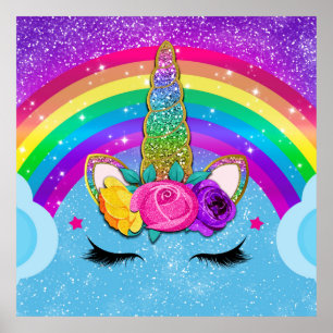 Affiche Arc-en-ciel Paillettes Licorne Corne Visage Fête