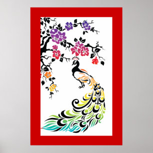 Affiche Arc-en-ciel, paon noir et fleurs de cerisiers