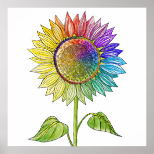 Affiche Arc-en-ciel Tournesol Art coloré été mignon Floral