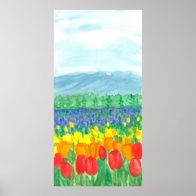 Affiche Arc-en-ciel Tulip Field Aquarelle Fleurs (Devant)