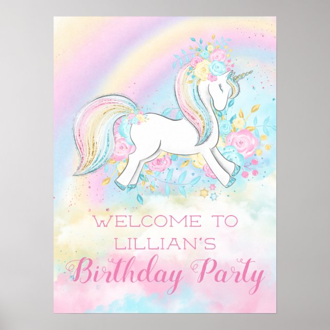 Affiche Arc en ciel Unicorne Signes de fête d'anniversaire (Devant)
